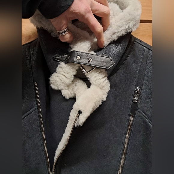 Leather Shearling Moto Bomber Jacket Size L - Picture 6 of 12